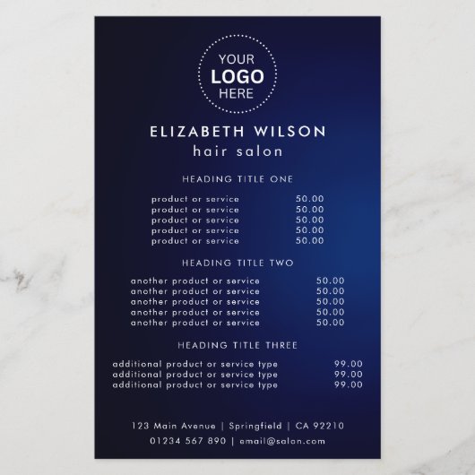 Navy_Blue | Eenvoudige Salon Service Menu Flyer (Voorkant)