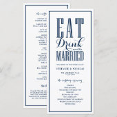 Navy Blue Eet, Drink en Wees Getrouwd Trouwen Programmakaart (Voorkant / Achterkant)