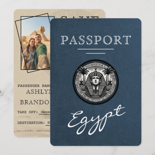 Navy Blue Egypt Passport Wedding Save the Date (Voorkant / Achterkant)