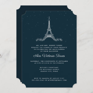 Navy Blue Eiffel Tower under the Stars Quinceañera Kaart