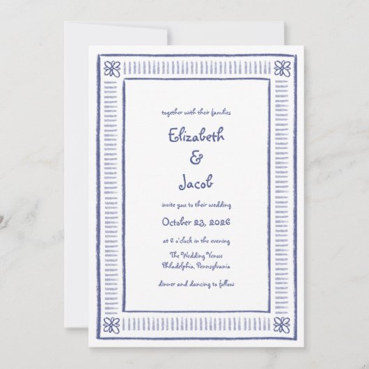 Navy Blue eigenzinnige speelse hand getekende brui Kaart (Voorkant)