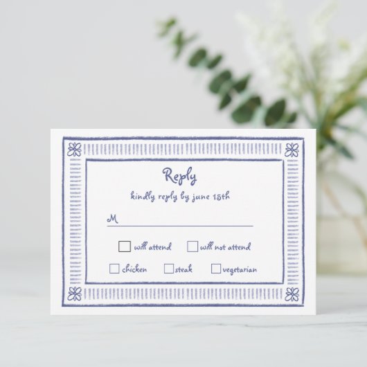 Navy Blue eigenzinnige speelse hand getekende brui RSVP Kaartje (Staand voorkant)