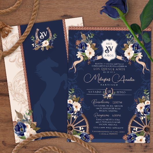 Navy Blue Elegant Baroque Charro Quinceanera Kaart