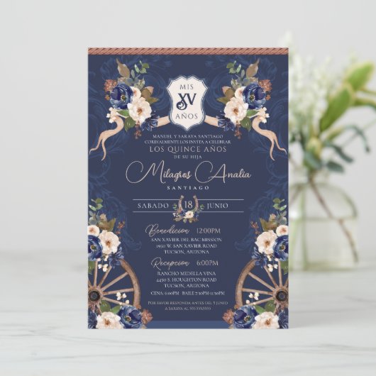 Navy Blue Elegant Baroque Charro Quinceanera Kaart (Staand voorkant)