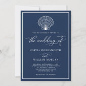 Navy Blue Elegant Beach Seashell Wedding Kaart (Voorkant)
