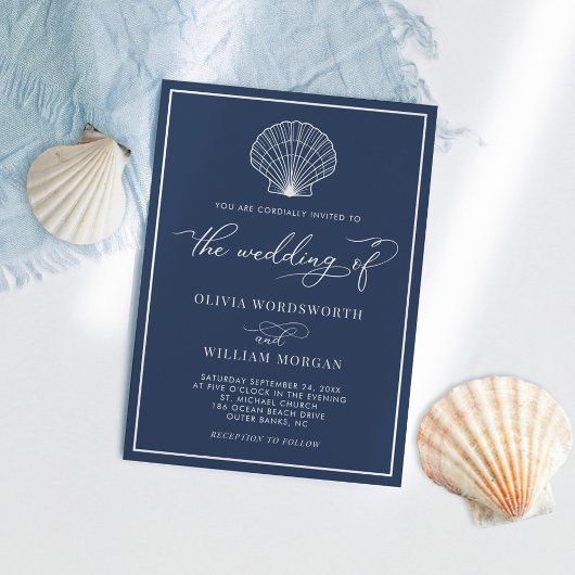 Navy Blue Elegant Beach Seashell Wedding Kaart