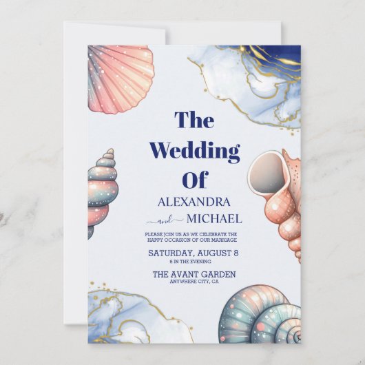 Navy Blue Elegant Beach Seashell Wedding Kaart (Voorkant)