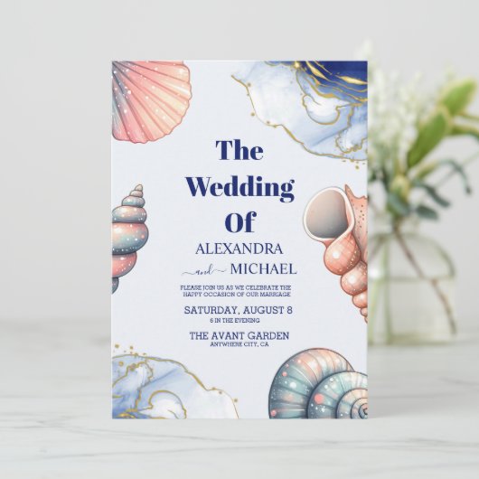 Navy Blue Elegant Beach Seashell Wedding Kaart (Staand voorkant)