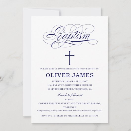 Navy Blue Elegant Calligraphy Baptisme Kaart (Voorkant)