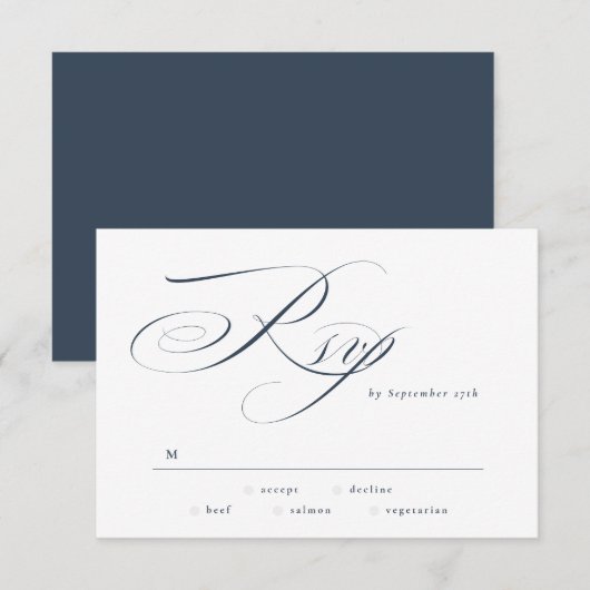 Navy Blue Elegant Calligraphy Black Tie Wedding RSVP Kaartje (Voorkant / Achterkant)