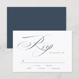 Navy Blue Elegant Calligraphy Black Tie Wedding RSVP Kaartje