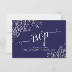 Navy Blue Elegant Calligraphy Silver Lace Wedding RSVP Kaartje
