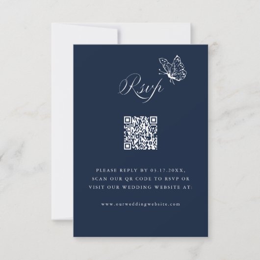 Navy Blue Elegant Calligraphy Wedding QR Code RSVP Kaartje (Voorkant)