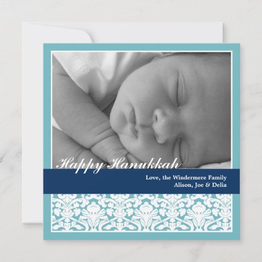 Navy blue elegant damask happy Hanukkah vakantie Feestdagenkaart (Voorkant)