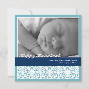 Navy blue elegant damask happy Hanukkah vakantie Feestdagenkaart