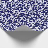 Navy Blue Elegant Damask Print Cadeaupapier (Hoek)