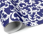 Navy Blue Elegant Damask Print Cadeaupapier (Rol Hoek)