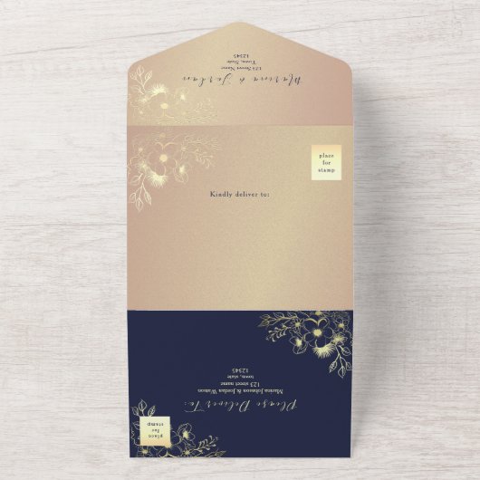 Navy Blue Elegant Fall Wedding All In One Uitnodiging (Buitenkant)