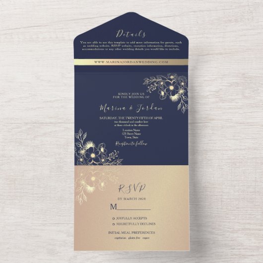 Navy Blue Elegant Fall Wedding All In One Uitnodiging (Binnen)