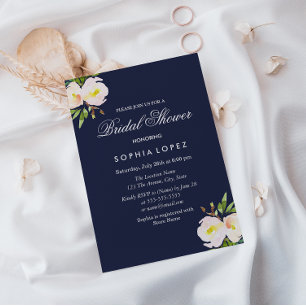 Navy Blue Elegant Floral Bridal Shower Kaart