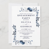 Navy Blue Elegant Floral Engagement Party Kaart (Voorkant)