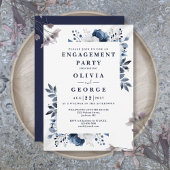 Navy Blue Elegant Floral Engagement Party Kaart