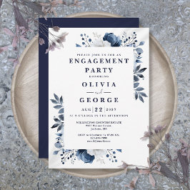 Navy Blue Elegant Floral Engagement Party Kaart