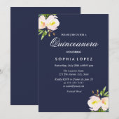 Navy Blue Elegant Floral Quinceanera Kaart (Voorkant / Achterkant)