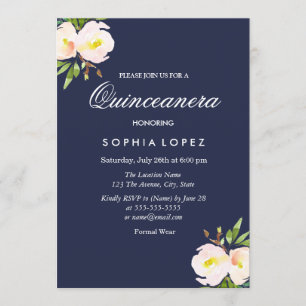 Navy Blue Elegant Floral Quinceanera Kaart