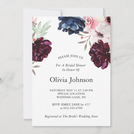 Navy Blue Elegant Floral Vrijgezellenfeest Kaart (Voorkant)