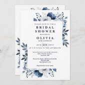 Navy Blue Elegant Floral Vrijgezellenfeest QR Code Kaart (Voorkant / Achterkant)