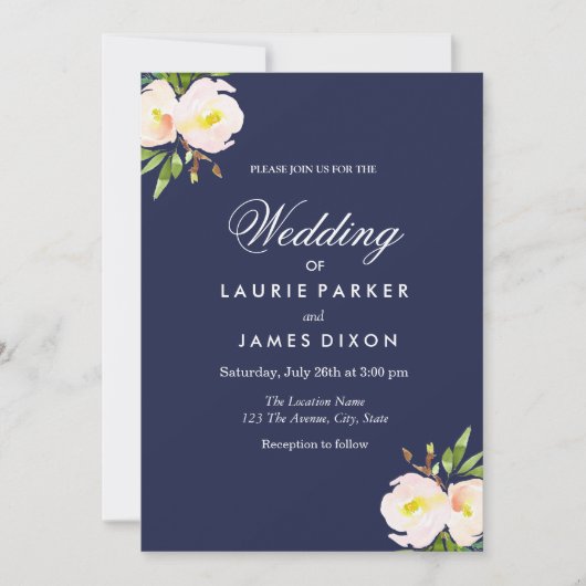 Navy Blue Elegant Floral Yellow Wedding Invitation Kaart (Voorkant)