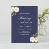 Navy Blue Elegant Floral Yellow Wedding Invitation Kaart (Staand voorkant)
