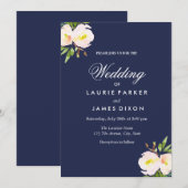 Navy Blue Elegant Floral Yellow Wedding Invitation Kaart (Voorkant / Achterkant)
