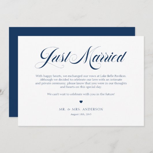 Navy Blue Elegant gebold kalligrafie gewoon gehuwd Aankondiging (Voorkant / Achterkant)
