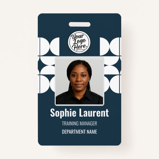 Navy Blue Elegant Geometric Employee Identity Badge (Voorkant)
