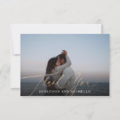 Navy Blue Elegant Gold Calligraphy Wedding Photo Bedankkaart (Voorkant)