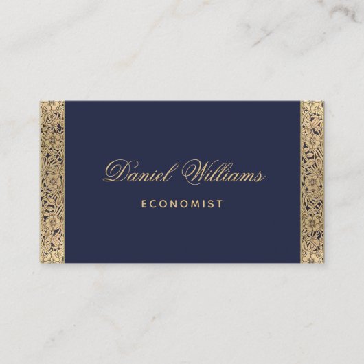 Navy Blue Elegant Gouden Rozen & Kalligrafie Visitekaartje (Voorkant)