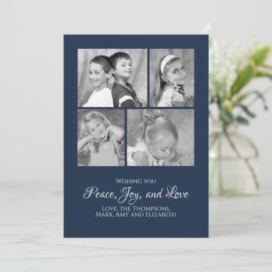 Navy Blue Elegant-kerstfotokaart Multi-Photo Feestdagenkaart (Staand voorkant)