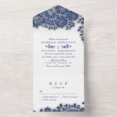 Navy blue elegant  lace bruiloft all in one uitnodiging (Binnen)