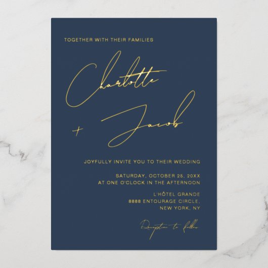 Navy Blue Elegant Minimalistisch Script Wedding Folie Uitnodiging (Voorkant)