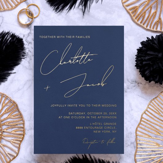 Navy Blue Elegant Minimalistisch Script Wedding Folie Uitnodiging