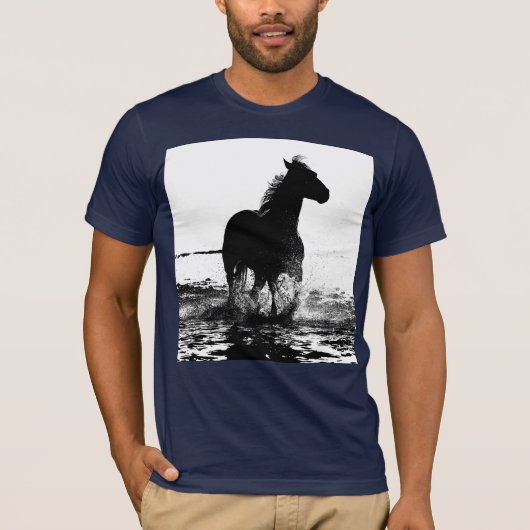 Navy Blue Elegant Modern Running Horse Pop Art T-shirt (Voorkant)