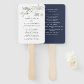 Navy blue elegant moderne botanische scriptbruilof handwaaier (Voorkant en achterkant)