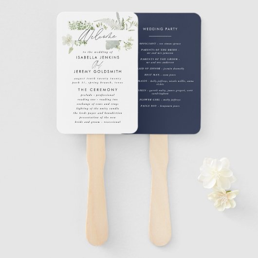 Navy blue elegant moderne botanische scriptbruilof handwaaier (Voorkant en achterkant)