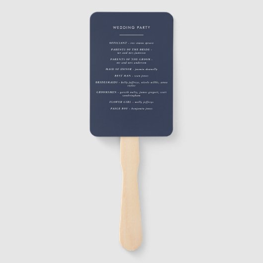 Navy blue elegant moderne botanische scriptbruilof handwaaier (Achterkant)