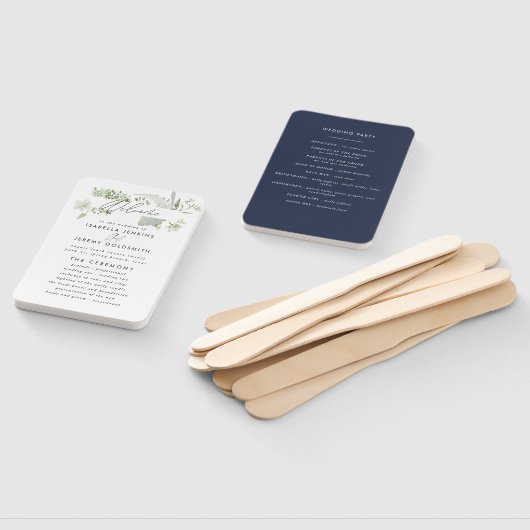 Navy blue elegant moderne botanische scriptbruilof handwaaier (Niet-gemonteerd)