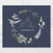 Navy blue elegant moderne botanische scriptbruilof likeurfles etiket (Enkel label)