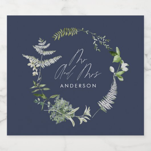 Navy blue elegant moderne botanische scriptbruilof likeurfles etiket (Enkel label)