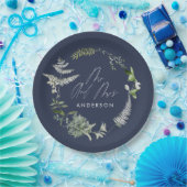 Navy blue elegant moderne botanische scriptbruilof papieren bordje (Feest)